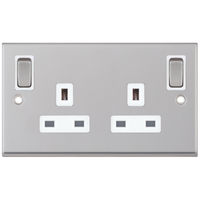 Selectric 7MPRO-185 7M-PRO 2 Gang 13A Switched DP Socket Outlet with Outboard Rockers & 2 Earth Terminals - Satin Chrome, White Insert