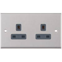 Selectric 7MPRO-720 7M-PRO 2 Gang 13A Unswitched Socket Outlet with 2 Earth Terminals - Satin Chrome, Grey Insert