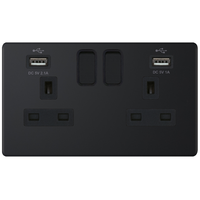 Selectric 5MPLUS-861 5M-PLUS Screwless 2 Gang 13A Switched Socket Outlet with 2x USB Type-A (2.1A/1A) - Matt Black, Black Insert