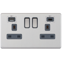 Selectric 5MPLUS-163 5M-PLUS Screwless 2 Gang 13A Switched Socket Outlet with 1x USB Type-A (2.4A) & 1x USB Type-C (3A) - Satin Chrome, Grey Insert