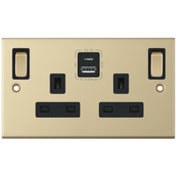 Selectric DSL886 5M 2 Gang 13A Switched SP Socket Outlet (Outboard Rockers) + 2 Earth Terminal with 1x USB Type-A (2.4A) & 1x USB Type-C (3A) - Satin Brass, Black Insert