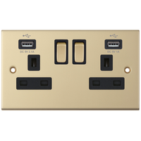 Selectric DSL861 5M 2 Gang 13A Switched Socket Outlet with 2x USB Type-A (2.1A/1A) - Satin Brass, Black Insert