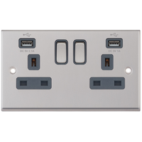 Selectric 7MPRO-761 7M-PRO 2 Gang 13A Switched Socket Outlet with 2x USB Type-A (2.1A/1A) - Satin Chrome, Grey Insert