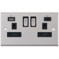 Selectric 7MPRO-263 7M-PRO 2 Gang 13A Switched Socket Outlet with 1x USB Type-A (2.4A) & 1x USB Type-C (3A) - Satin Chrome, Black Insert