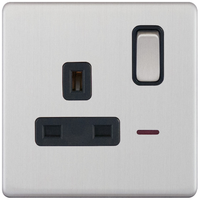 Selectric 5MPLUS-223 5M-PLUS Screwless 1 Gang 13A Switched DP Socket Outlet with Neon - Satin Chrome, Black Insert