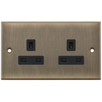 Selectric DSL620 5M 2 Gang 13A Unswitched Socket Outlet with 2 Earth Terminals - Antique Brass, Black Insert