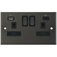 Selectric DSL12-63 5M 2 Gang 13A Switched Socket Outlet with 1x USB Type-A (2.4A) & 1x USB Type-C (3A) - Dark Bronze, Black Insert