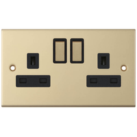 Selectric DSL822 5M 2 Gang 13A Switched DP Socket Outlet with 2 Earth Terminals - Satin Brass, Black Insert
