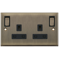 Selectric 7MPRO-685 7M-PRO 2 Gang 13A Switched DP Socket Outlet with Outboard Rockers & 2 Earth Terminals - Antique Brass, Black Insert
