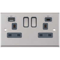 Selectric 7MPRO-763 7M-PRO 2 Gang 13A Switched Socket Outlet with 1x USB Type-A (2.4A) & 1x USB Type-C (3A) - Satin Chrome, Grey Insert