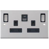 Selectric DSL286 5M 2 Gang 13A Switched SP Socket Outlet (Outboard Rockers) + 2 Earth Terminal with 1x USB Type-A (2.4A) & 1x USB Type-C (3A) - Satin Chrome, Black Insert