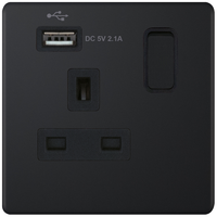 Selectric 5MPLUS-860 5M-PLUS Screwless 1 Gang 13A Switched Socket Outlet with 1x USB Type-A (2.1A) - Matt Black, Black Insert
