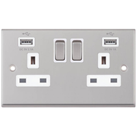 Selectric 7MPRO-161 7M-PRO 2 Gang 13A Switched Socket Outlet with 2x USB Type-A (2.1A/1A) - Satin Chrome, White Insert