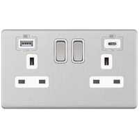 Selectric 5MPLUS-763 5M-PLUS Screwless 2 Gang 13A Switched Socket Outlet with 1x USB Type-A (2.4A) & 1x USB Type-C (3A) - Satin Chrome, White Insert