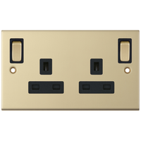 Selectric DSL885 5M 2 Gang 13A Switched DP Socket Outlet with Outboard Rockers & 2 Earth Terminals - Satin Brass, Black Insert