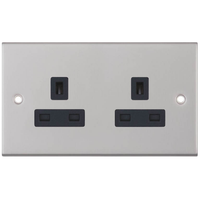 Selectric DSL220 5M 2 Gang 13A Unswitched Socket Outlet with 2 Earth Terminals - Satin Chrome, Black Insert