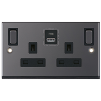 Selectric 7MPRO-486 7M-PRO 2 Gang 13A Switched SP Socket Outlet (Outboard Rockers) + 2 Earth Terminal with 1x USB Type-A (2.4A) & 1x USB Type-C (3A) - Black Nickel, Black Insert