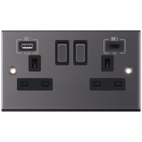 Selectric DSL463 5M 2 Gang 13A Switched Socket Outlet with 1x USB Type-A (2.4A) & 1x USB Type-C (3A) - Black Nickel, Black Insert