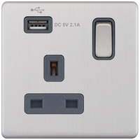 Selectric 5MPLUS-160 5M-PLUS Screwless 1 Gang 13A Switched Socket Outlet with 1x USB Type-A (2.1A) - Satin Chrome, Grey Insert