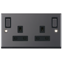 Selectric 7MPRO-485 7M-PRO 2 Gang 13A Switched DP Socket Outlet with Outboard Rockers & 2 Earth Terminals - Black Nickel, Black Insert
