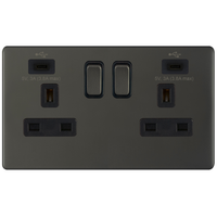 Selectric 5MPLUS-12-68 5M-PLUS Screwless 2 Gang 13A Switched Socket Outlet with 2x USB Type-C (3A) - Dark Bronze, Black Insert