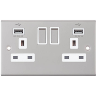 Selectric DSL161 5M 2 Gang 13A Switched Socket Outlet with 2x USB Type-A (2.1A/1A) - Satin Chrome, White Insert