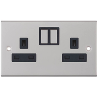 Selectric DSL251 5M 2 Gang 13A Switched SP Socket Outlet - Satin Chrome, Black Insert