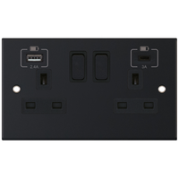 Selectric DSL11-63 5M 2 Gang 13A Switched Socket Outlet with 1x USB Type-A (2.4A) & 1x USB Type-C (3A) - Matt Black, Black Insert