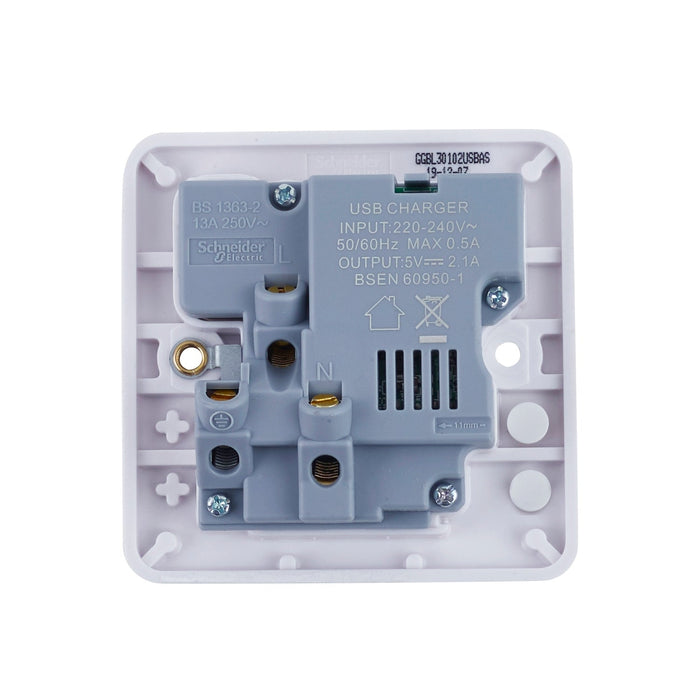 Schneider Electric GGBL30102USBAS Lisse White Moulded 13A 1G SP Switched Socket with 2xUSB 2.1A - westbasedirect.com