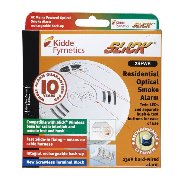 Kidde 2SFWR Slick Mains Optical Smoke Alarm with Sealed-In Rechargeable Battery Back-Up - westbasedirect.com