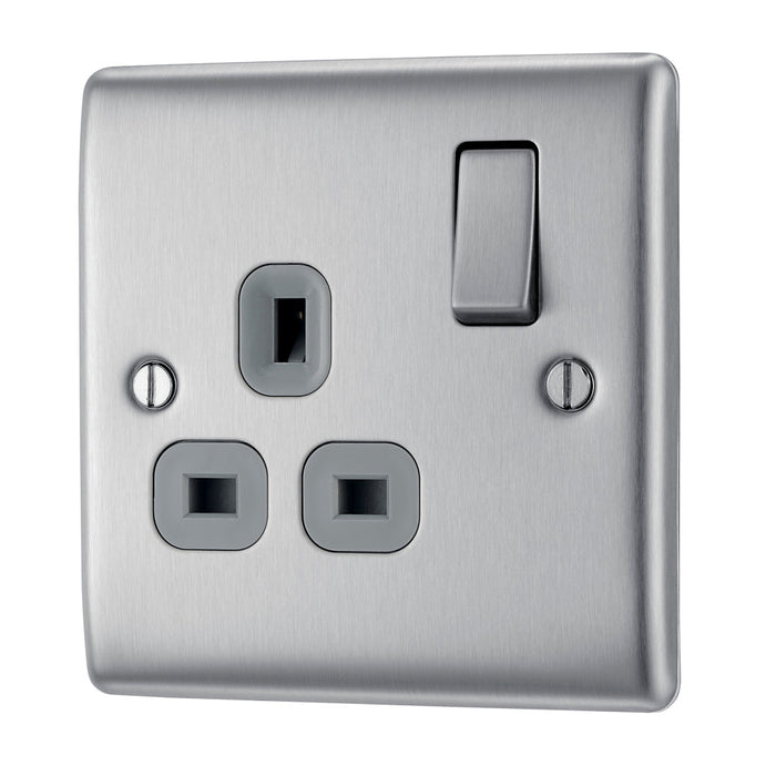 BG NBS21G Nexus Metal Single Socket 13A - Grey Insert - Brushed Steel (5 Pack) - westbasedirect.com