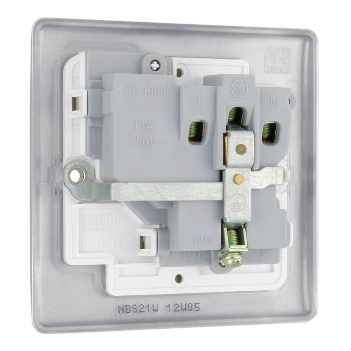 BG NBS21W Nexus Metal Single Socket 13A - White Insert - Brushed Steel (10 Pack) - westbasedirect.com