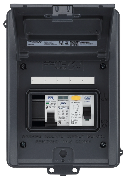 Sync Energy CFEV5A 5 Module IP65 Weatherproof Grey Metal EV Charger Circuit Protection with 40A 30mA Type A RCD, 40A B Curve MCB & Type 2 SPD - westbasedirect.com