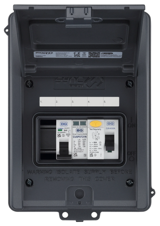 Sync Energy CFEV5A 5 Module IP65 Weatherproof Grey Metal EV Charger Circuit Protection with 40A 30mA Type A RCD, 40A B Curve MCB & Type 2 SPD - westbasedirect.com