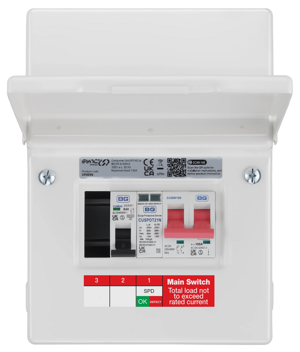 Sync Energy CFUEV6 5 Module IP20 Metal Metal EV Charger Circuit Protection with 100A Main Switch, 40A B Curve MCB & Type 2 SPD - westbasedirect.com