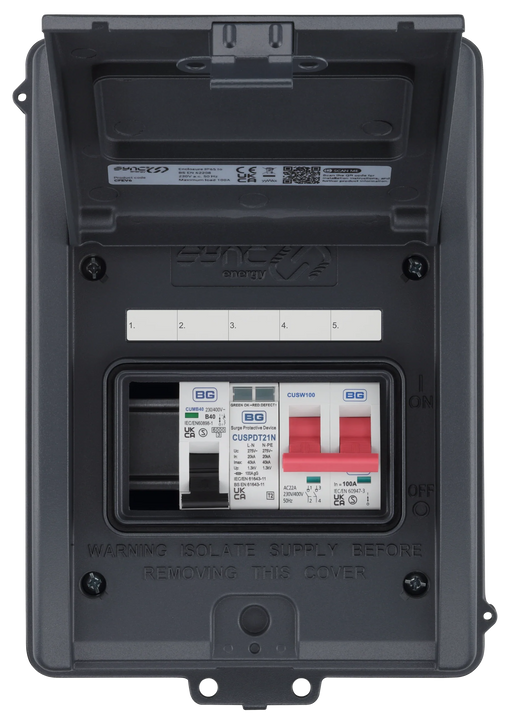 Sync Energy CFEV6 5 Module IP65 Weatherproof Grey Metal EV Charger Circuit Protection with 100A Main Switch, 40A B Curve MCB & Type 2 SPD - westbasedirect.com