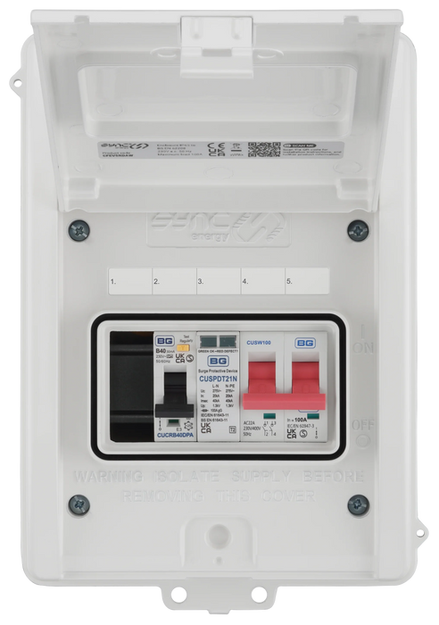 Sync Energy CFEV5RDAW 5 Module IP65 Weatherproof White Metal EV Charger Circuit Protection with 40A Type A DP RCBO, 100A Main Switch & Type 2 SPD - westbasedirect.com