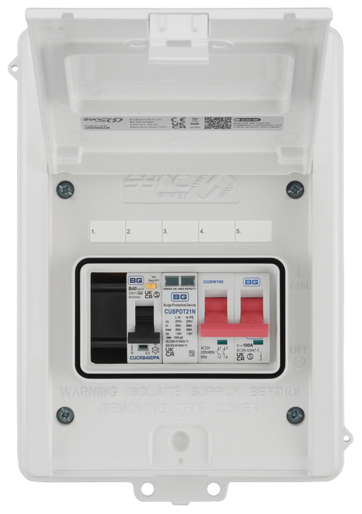Sync Energy CFEV5RDAW 5 Module IP65 Weatherproof White Metal EV Charger Circuit Protection with 40A Type A DP RCBO, 100A Main Switch & Type 2 SPD - westbasedirect.com