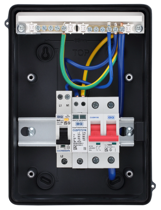 Sync Energy CFEV5RDA 5 Module IP65 Weatherproof Grey Metal EV Charger Circuit Protection with 40A Type A DP RCBO, 100A Main Switch & Type 2 SPD - westbasedirect.com