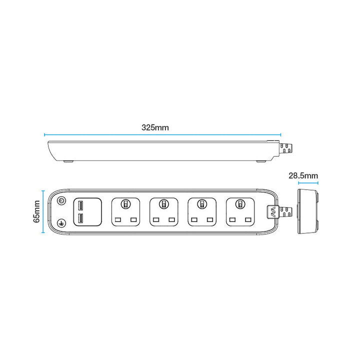 Masterplug 4 Socket 2m 13A + 2xUSB Switched Surge Extension Lead Gloss Black - westbasedirect.com